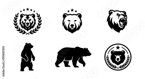 Vintage bear logo collection, black grizzly bear head silhouettes and mascot emblems, set of 6 vector animal icons for outdoor branding and sports