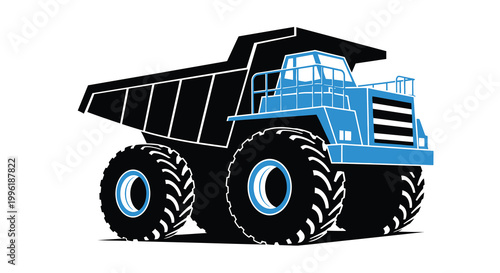 dump truck illustration in blue and black on white background