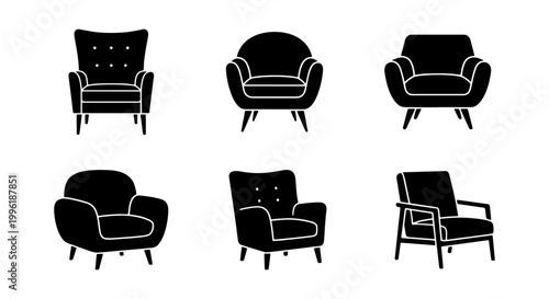 Modern armchair icons set, black silhouette furniture collection of 6 vector elements, minimalist living room seating for interior design and floor plans