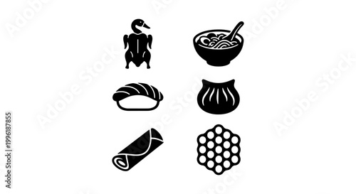 Asian food icon set with 6 black vector elements, traditional Chinese and Japanese cuisine symbols, Peking duck sushi and dim sum graphics