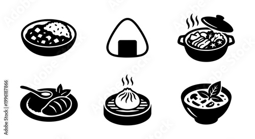Japanese food icon set, black and white minimalist Asian cuisine symbols, 6 vector elements including onigiri, ramen, and dim sum, restaurant menu graphics