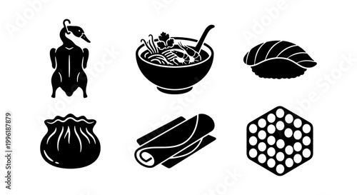 Asian food icons set, black silhouette vector illustrations of sushi, ramen bowl, peking duck, dim sum dumpling, spring roll and bubble tea
