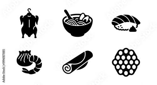 Asian food icons set, black solid vector symbols of ramen noodles and sushi, traditional Chinese dim sum and roast duck, 6 minimalist restaurant graphics