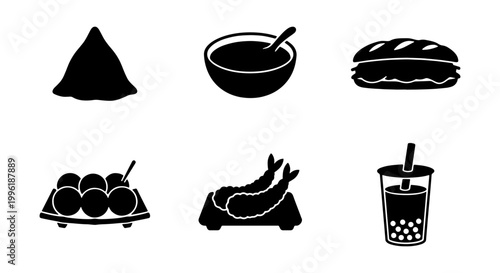 Japanese street food icons set, black silhouette asian cuisine symbols, 6 vector elements including takoyaki and tempura, minimalist food menu graphics