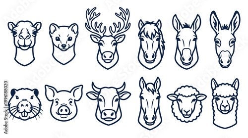 Illustration of farm animal heads in minimalist style for agricultural designs