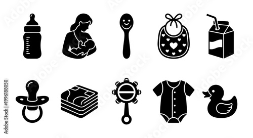Baby care icon set with 10 black solid vector elements, newborn feeding and nursery symbols, infant essentials collection for parenting apps