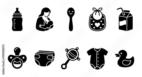 Baby care icon set with 10 black solid vector symbols, newborn essentials collection, infant feeding and nursery equipment graphics for parenting apps