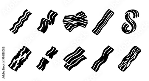 Bacon strip vector icons set, black and white fried pork meat silhouettes, 10 breakfast food elements for restaurant menu design and kitchen branding