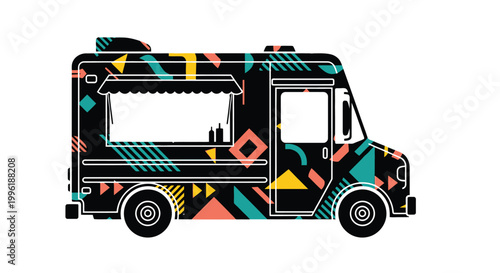food truck with colorful geometric patterns on white background