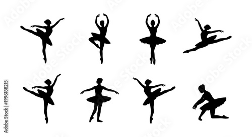 Ballerina silhouette vector set, elegant ballet dancer poses in black isolated on white, 8 graceful female dance figures for theater and performance art