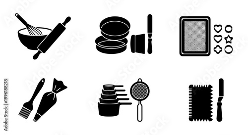 Baking tools icon set, professional pastry equipment vector silhouettes, kitchen utensils for cake decorating and bread making, black culinary graphics