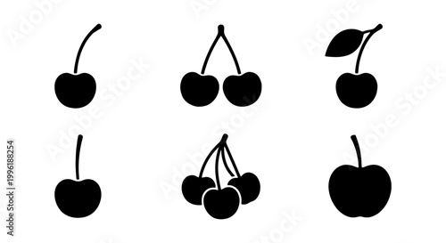 Minimalist cherry icon set, black silhouette fruit vector illustrations, collection of 6 organic berry symbols for food packaging and menu design