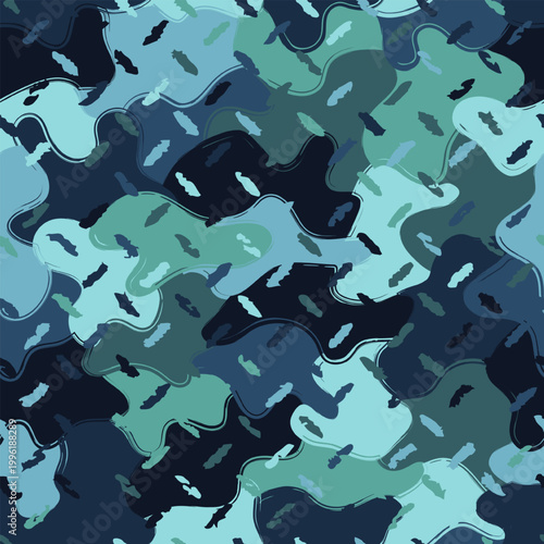 Seamless blue camouflage pattern with scattered oval speckles, spots. Overlapping irregular patches on background. Grunge contour of figures. For clothing, fabrics, textiles, sporting goods