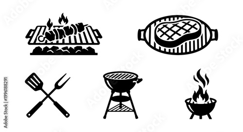 Barbecue grill icons set, black and white BBQ vector elements, grilled meat steak and shish kebab on fire, outdoor cooking equipment and tools