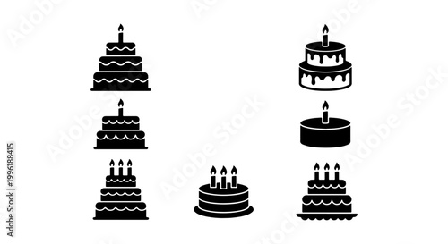 Birthday cake icon set with 7 black vector silhouettes, tiered celebration cakes with candles, minimalist bakery and party dessert graphics
