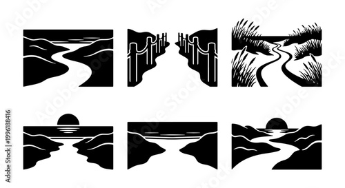 Minimalist coastal landscape icons, black and white beach path vector set, 6 sand dune and ocean sunset illustrations for travel branding