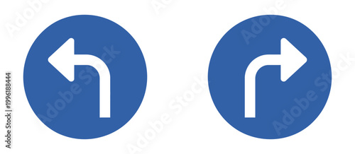 Turn right and left ahead mandatory road sign vector set, blue circular traffic symbols for navigation, regulation, and driving instruction design