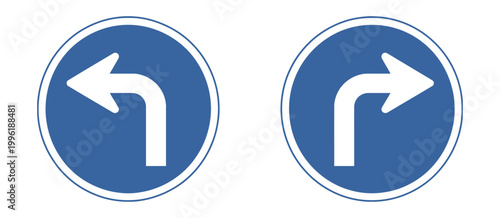 Turn right and left ahead mandatory road sign vector set, blue circular traffic symbols for navigation, regulation, and driving instruction design