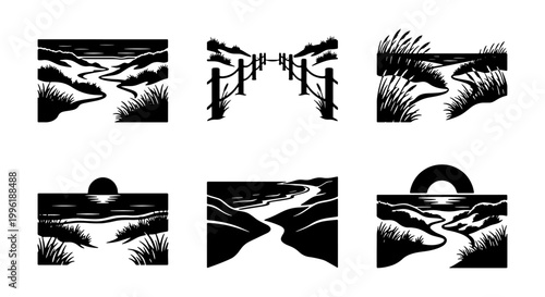 Coastal sand dunes linocut vector set, black and white beach landscape icons, ocean shore sunset woodcut illustrations, 6 seaside nature elements