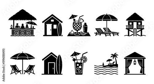 Tropical beach vacation icons set, black silhouette summer resort symbols, 10 vector elements featuring tiki bar, surf shack, and cocktails for travel design