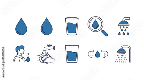 Icon set with water droplets. A vector pack of editable icons for water lines. A single drop of water. Glass, magnifier, washing hands, shower. Vector illustration