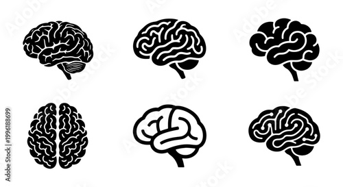Human brain icon set with 6 vector elements, black silhouette brain symbols for medical and psychological research, minimalist neurology anatomy graphics