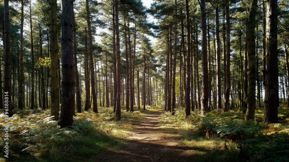 Fototapeta premium Pine trees in Wheldrake Wood, York, North Yorkshire.