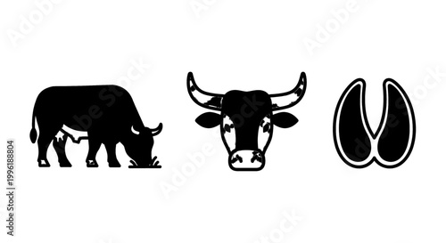 Set of bull icons including a grazing animal head silhouette and hoof print flat vector design for agriculture and livestock concepts isolated on white