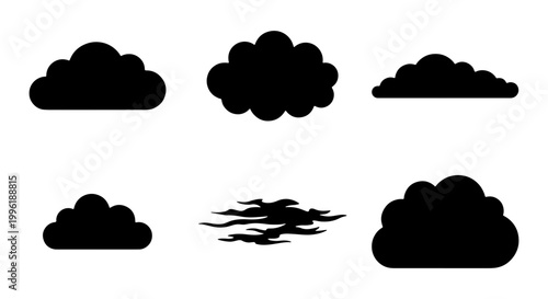 Black cloud silhouette set, 6 minimalist weather icons vector, dark fluffy cumulus and wispy cloud shapes for sky interface design