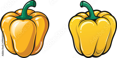 Yellow bell pepper vector illustrations with highlights for gourmet cooking designs grocery market and healthy eating.