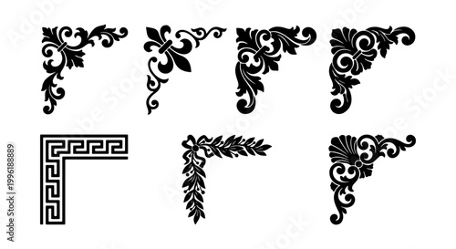 Tableau sur toile Vintage ornamental corner set, 7 black filigree frame elements, baroque and gree
