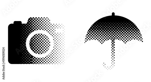 Halftone camera and umbrella icons, black and white stipple effect photography and weather symbols, retro pop art vector set
