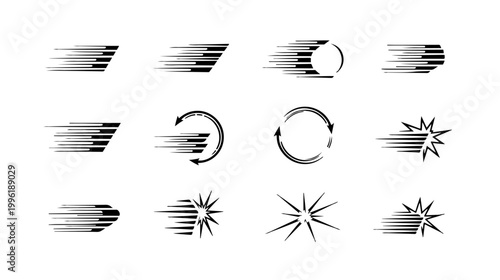 Set of speed lines vector icons. Fast motion effect. Black horizontal action lines. Speed and fast action symbol. Comic element. Superhero sign.