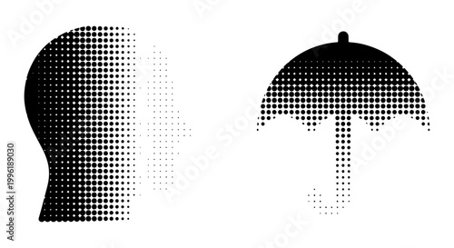 Halftone human head and umbrella vector icons, black and white stipple effect silhouettes, abstract dotted profile and parasol symbols