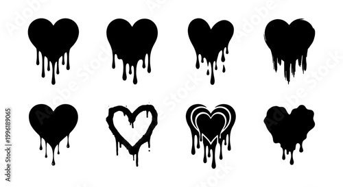 Dripping black heart silhouettes set, 8 melting heart vector icons with liquid paint drips, gothic emo style love symbols for streetwear design