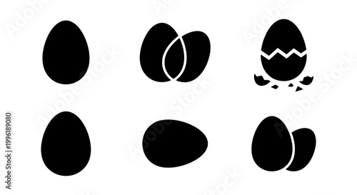 Minimalist egg icon set, black silhouette chicken eggs collection, 6 vector elements for cooking and Easter design, simple food symbols