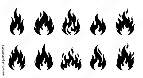 Black fire flame silhouette icons, set of 10 minimalist bonfire vector symbols, flat burning heat graphic elements for logo design and warning signs