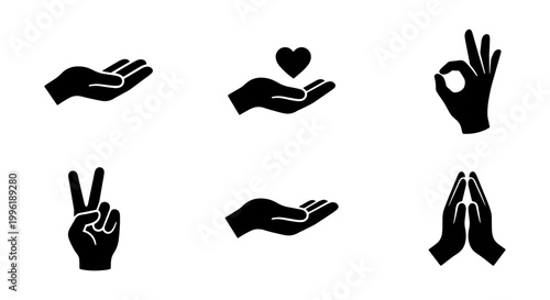 Minimalist hand gestures icon set, black silhouette human hands collection, 6 vector symbols of peace heart and prayer for web design