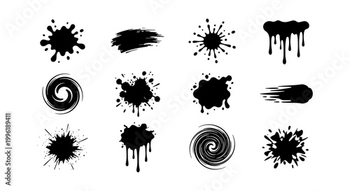 Grunge black ink splatters and paint drips, set of 12 vector brush strokes and liquid blobs, artistic spray stains and swirl elements for graphic design