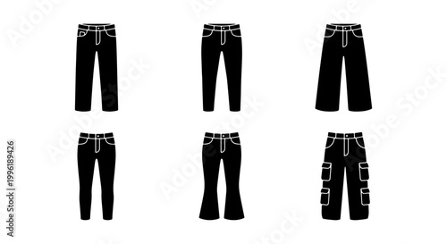 Black denim jeans icons set, 6 vector garment silhouettes including cargo pants and flared trousers, flat fashion apparel templates for retail