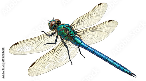 Close-up macro shot of vibrant green and blue dragonfly with transparent wings on white background