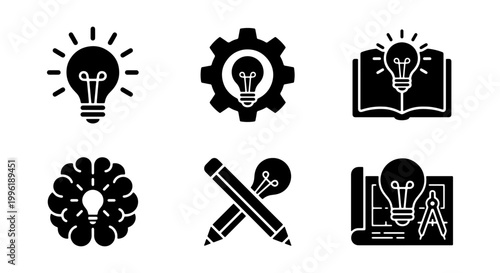 Creative idea icons set, black solid light bulb symbols for innovation, 6 vector elements for business brainstorming and education projects