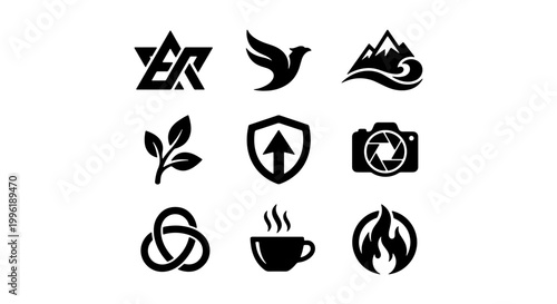 Minimalist black logo collection, set of 9 modern vector icons, professional branding elements featuring bird, mountain, camera, and nature symbols