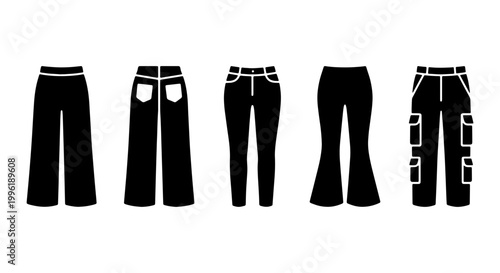Minimalist trousers icon set, black pants vector silhouettes, collection of 5 fashion bottoms including cargo and wide leg styles for apparel design