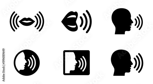 Voice recognition icons set, black silhouette speaking person symbols, 6 vector elements for audio control and speech command interface