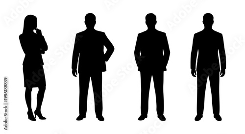 Professional business people silhouettes set, corporate team standing in formal suits, group of four office workers and executives vector