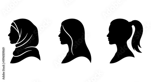 Diverse female profile silhouettes set, black woman head icons with hijab and ponytail, minimalist female avatar vector collection for web design