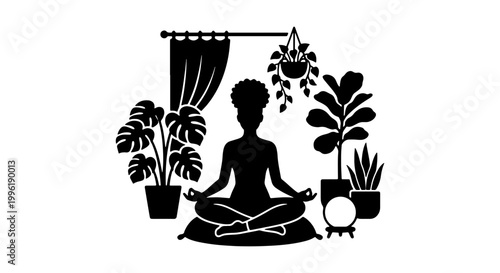 Black silhouette of woman meditating in lotus pose, yoga girl practicing mindfulness at home with houseplants, zen wellness and spiritual meditation vector