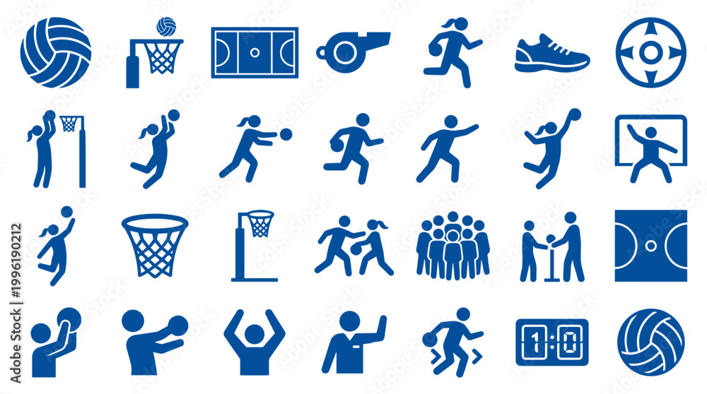 Αυτοκόλλητο Collection of blue sports icons depicting netball and basketball games, players,