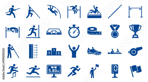 Bild auf Leinwand Collection of blue sport icons representing track and field athletics events and